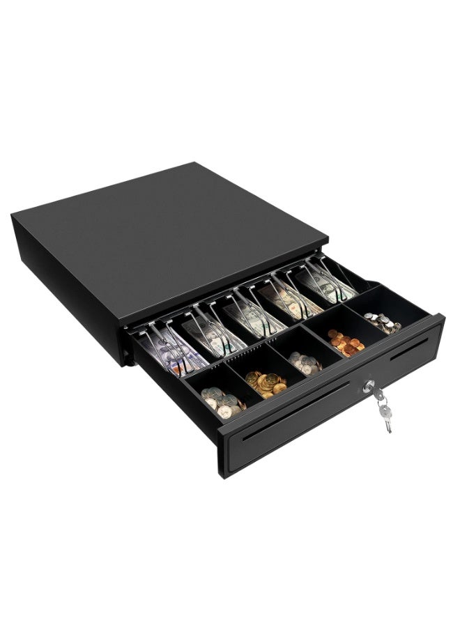 والالا درج تسجيل نقدي أسود، درج نقدي بعرض 16 بوصة مع درج عملات قابل للإزالة، 5 أوراق نقدية/5 درج عملات معدنية، واجهة RJ11 متوافقة مع Epson POS Square، درج تسجيل نقدي - Image 1