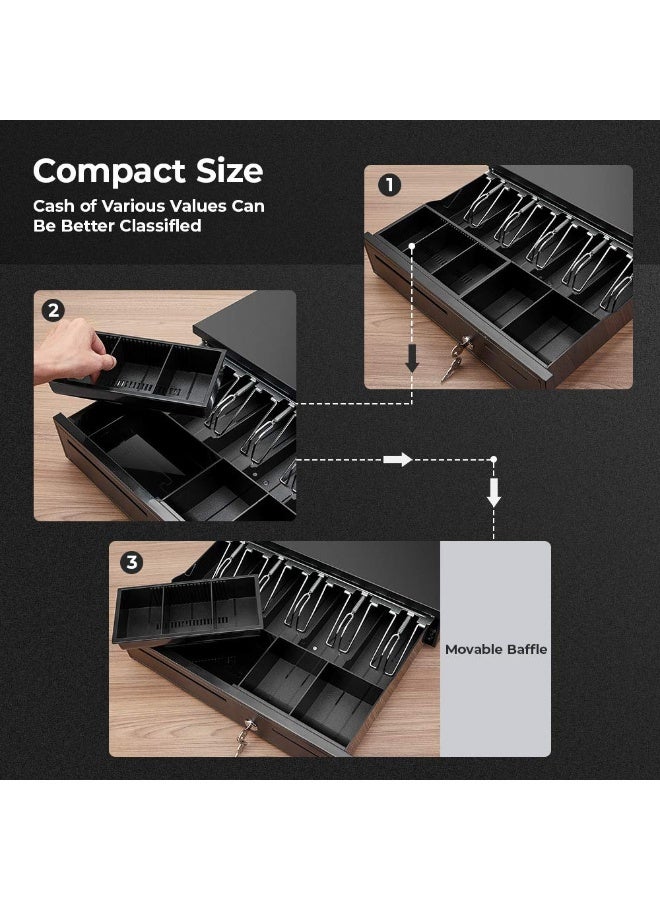 والالا درج تسجيل نقدي أسود، درج نقدي بعرض 16 بوصة مع درج عملات قابل للإزالة، 5 أوراق نقدية/5 درج عملات معدنية، واجهة RJ11 متوافقة مع Epson POS Square، درج تسجيل نقدي - Image 4
