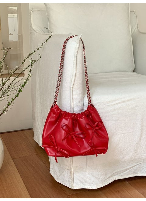 Spring Bow Chain Bag Women's Small Fresh Shoulder Bag Female Niche Soft Leather Pleated Bucket Bag