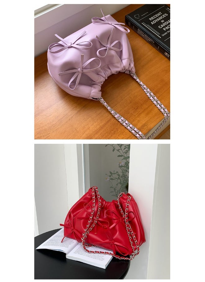 xozgdovg - Spring Bow Chain Bag Women's Small Fresh Shoulder Bag Female Niche Soft Leather Pleated Bucket Bag - Image 1