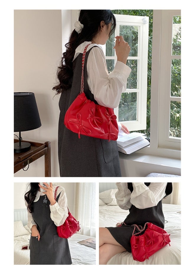 xozgdovg - Spring Bow Chain Bag Women's Small Fresh Shoulder Bag Female Niche Soft Leather Pleated Bucket Bag - Image 1
