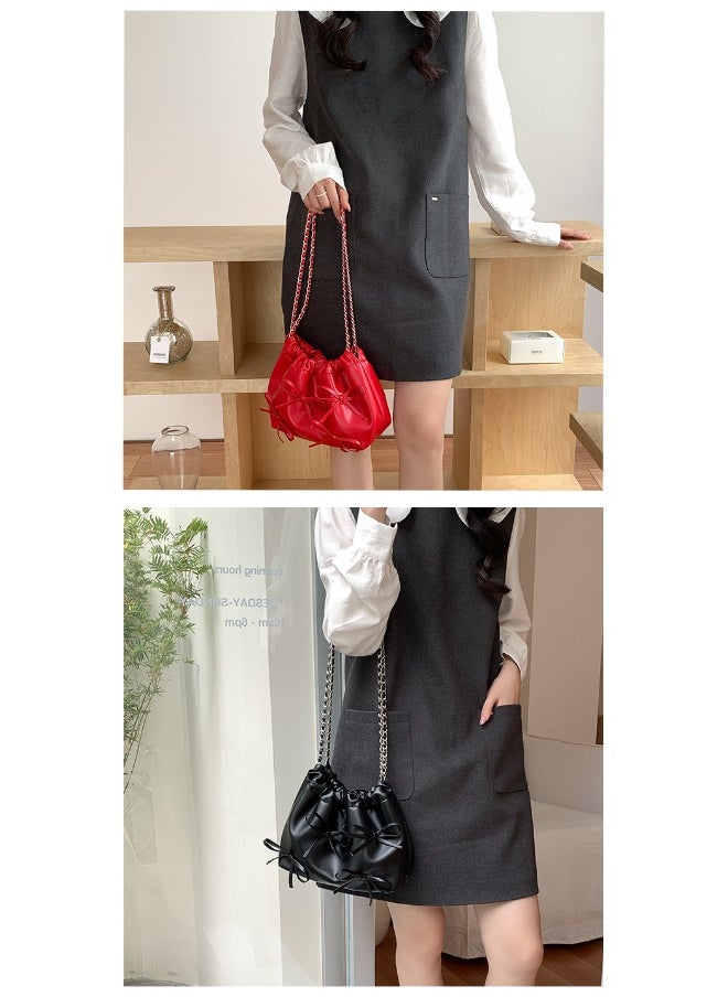 xozgdovg - Spring Bow Chain Bag Women's Small Fresh Shoulder Bag Female Niche Soft Leather Pleated Bucket Bag - Image 1