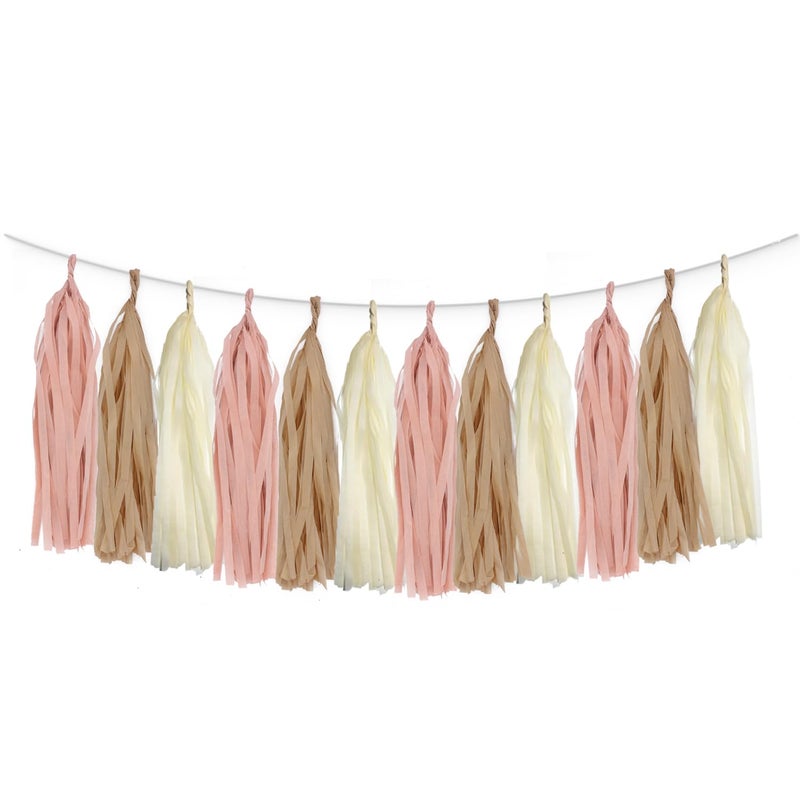 ALLHEARTDESIRES 15PCS Dusty Rose Pink Boho Paper Tassel Garland Banner Party Streamer Backdrop for Wedding Girl Baby Shower Birthday Classroom Nursery Hanging Decoration 