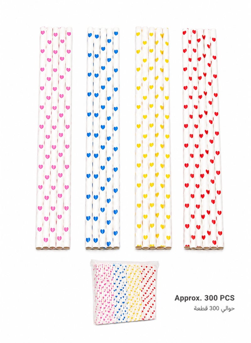 Disposable Paper Drinking Straws 300 Pieces with Heart Design for Parties Cafes Juice Bars and Everyday Beverages (Mix Colours)