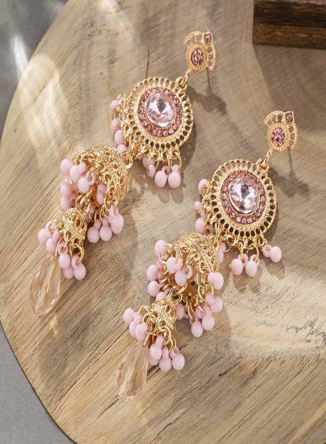OIDIMS Vintage Jhumka Jhumki Tassel Drop Dangle Earrings Indian Ethnic Beaded Bell Statement Antique Traditional Earring for Women Crystal Wedding Party Festival Bohemian Bollywood Jewelry Gift (Pink) - Image 3