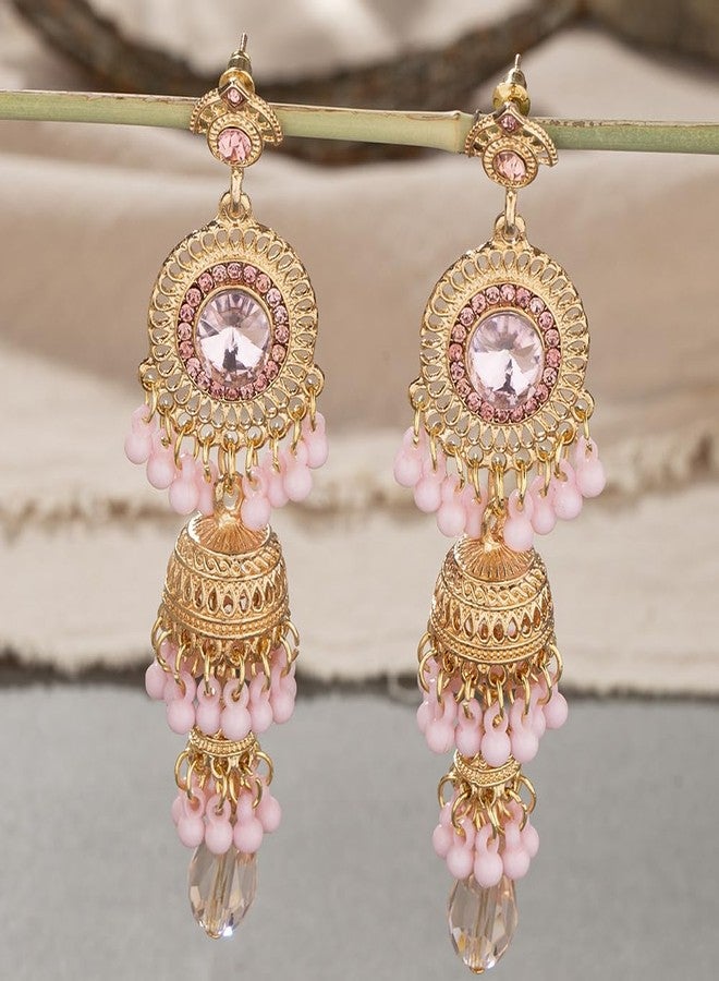 OIDIMS Vintage Jhumka Jhumki Tassel Drop Dangle Earrings Indian Ethnic Beaded Bell Statement Antique Traditional Earring for Women Crystal Wedding Party Festival Bohemian Bollywood Jewelry Gift (Pink) - Image 4