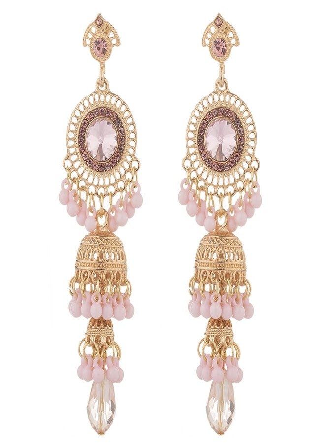OIDIMS Vintage Jhumka Jhumki Tassel Drop Dangle Earrings Indian Ethnic Beaded Bell Statement Antique Traditional Earring for Women Crystal Wedding Party Festival Bohemian Bollywood Jewelry Gift (Pink) - Image 1