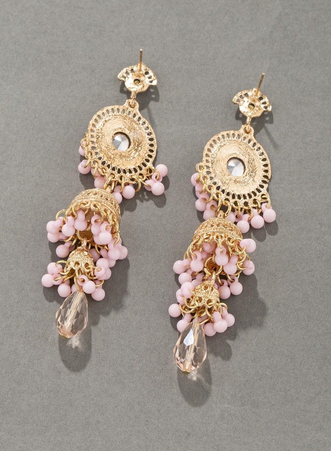 OIDIMS Vintage Jhumka Jhumki Tassel Drop Dangle Earrings Indian Ethnic Beaded Bell Statement Antique Traditional Earring for Women Crystal Wedding Party Festival Bohemian Bollywood Jewelry Gift (Pink) - Image 5
