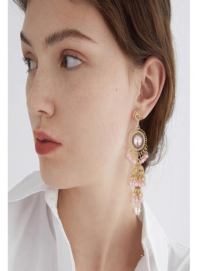 OIDIMS Vintage Jhumka Jhumki Tassel Drop Dangle Earrings Indian Ethnic Beaded Bell Statement Antique Traditional Earring for Women Crystal Wedding Party Festival Bohemian Bollywood Jewelry Gift (Pink) - Image 2