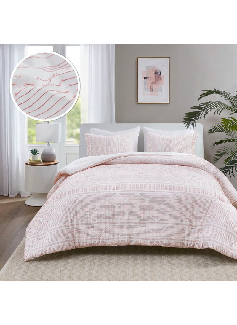 Comfort Spaces Comfort Spaces Cotton Comforter Set Clipped Jacquard Geometric Mid Century Design Down Alternative All Season Modern Bedding Matching Shams FullQueen Albany Blush 3 Piece 