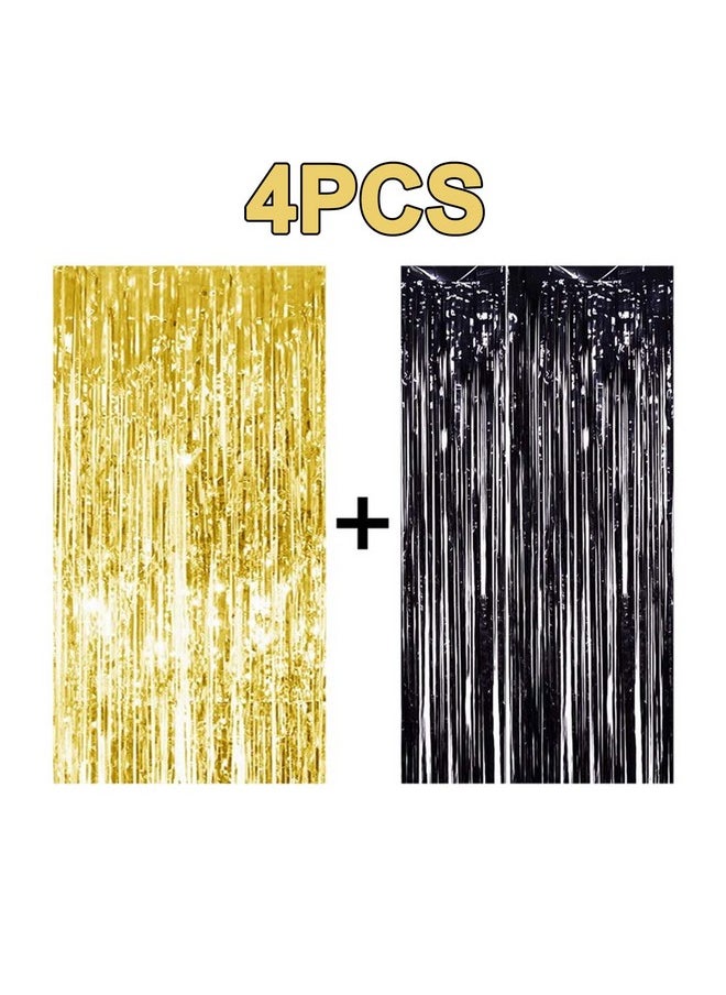 Sharlity 4Pcs 3' X 8' Black And Gold Metallic Tinsel Foil Fringe Curtain Backdrop For Photo Booth Birthday Wedding Graduation Party Decoration  - Image 2