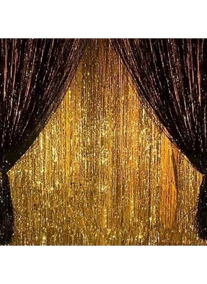 Sharlity 4Pcs 3' X 8' Black And Gold Metallic Tinsel Foil Fringe Curtain Backdrop For Photo Booth Birthday Wedding Graduation Party Decoration  - Image 1