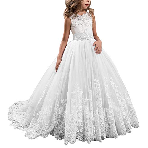 WDE Princess White Long Girls Pageant Dresses Kids Prom Puffy, White, Size 6 - Image 1