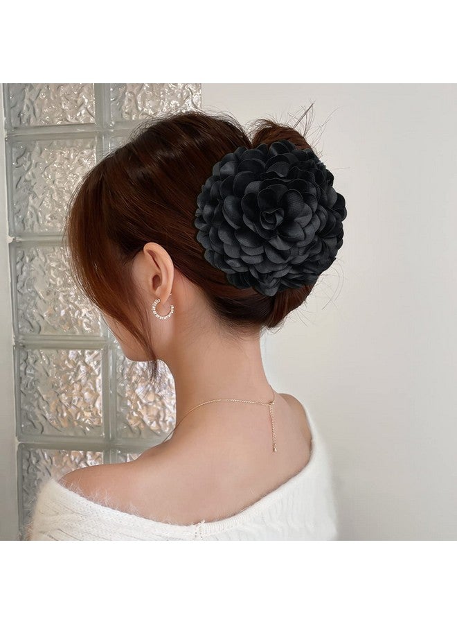 Cinaci 4 Pack Red Navy Blue Black Large Satin Flower Hair Bows Plastic Hair Claws Clips Ribbon Fabric Floral Octopus Jaw Barrettes Clamps Ponytail Buns Holders Thick Hair Accessories For Women Girls - Image 4