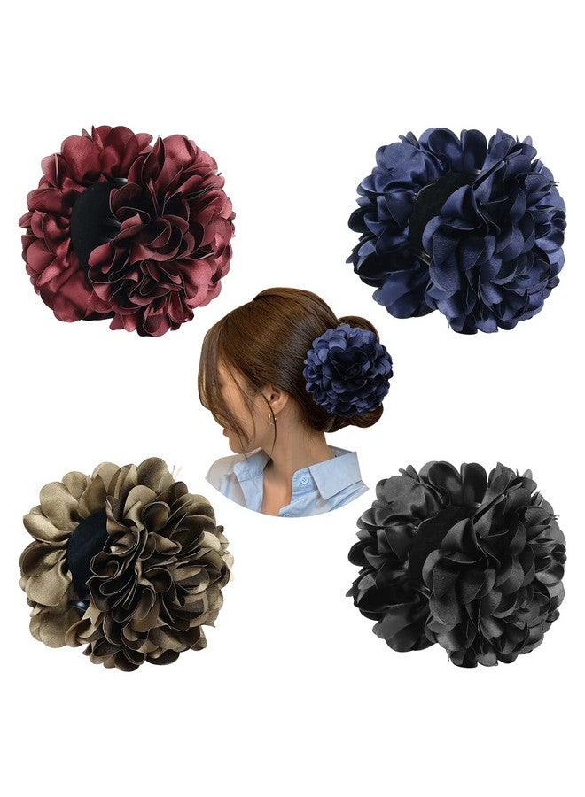 Cinaci 4 Pack Red Navy Blue Black Large Satin Flower Hair Bows Plastic Hair Claws Clips Ribbon Fabric Floral Octopus Jaw Barrettes Clamps Ponytail Buns Holders Thick Hair Accessories For Women Girls - Image 1