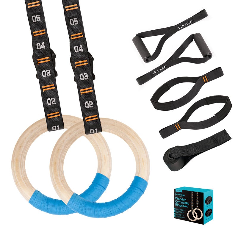 Vulken Vulken 32mm Wooden Gymnastic Rings with Adjustable Numbered Straps. Olympic Rings for Core Workout and Bodyweight Training. Home Gym Rings with Workout Handles. Blue - Image 1