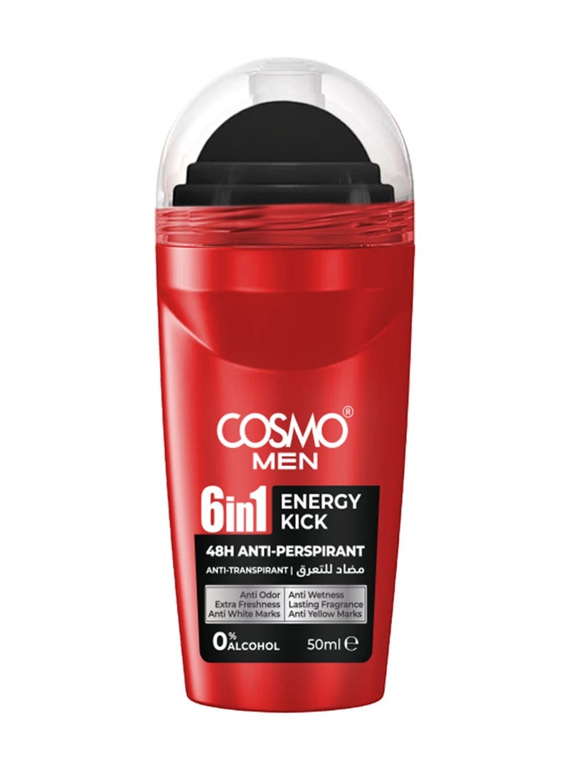 COSMO Cosmo Men Skin Care 6 In 1 Energy Kick Antiperspirant Roll On 50ml, 48H Protection, Anti-Transpirant, Alcohol Free 
