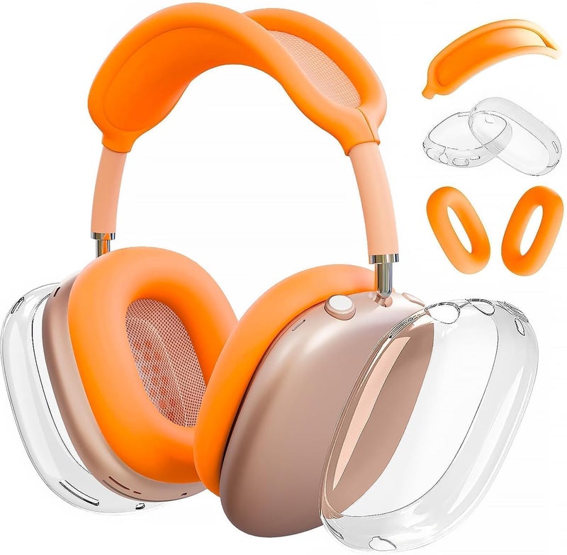Woyinger Silicone Case Cover for AirPods Max 2/1 (2026/2024/2020),Clear Soft TPU Ear Cups Cover,Ear Pad Cover,Headband Cover for AirPods Max(USB-C/Lightning),Transparent Accessories Set, Bright Orange - Image 1