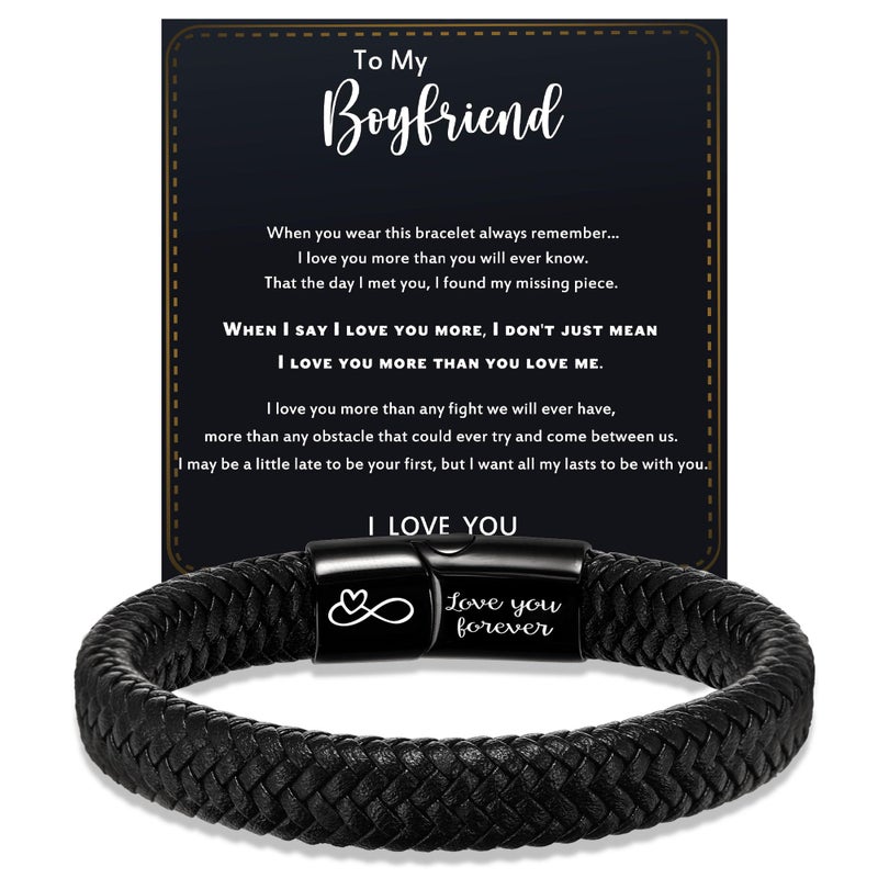 Btysun Boyfriend Valentines Day Gifts, Gifts for Boyfriend Mens Leather Bracelet Easter Basket Stuffers Bracelet for Men Black Braided Infinity Bracelets Birthday Christmas Jewelry - Image 1
