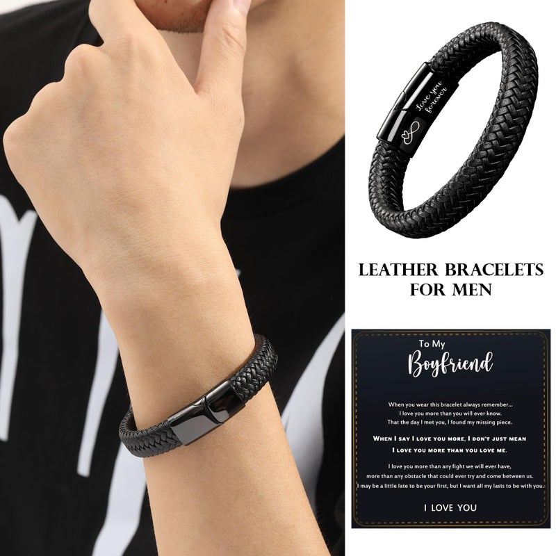 Btysun Boyfriend Valentines Day Gifts, Gifts for Boyfriend Mens Leather Bracelet Easter Basket Stuffers Bracelet for Men Black Braided Infinity Bracelets Birthday Christmas Jewelry - Image 2