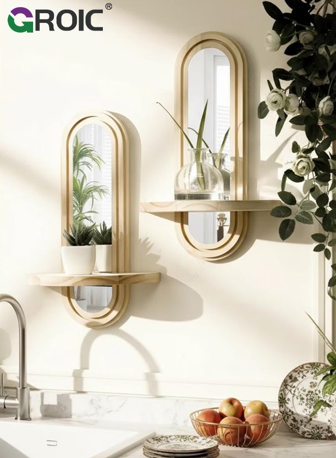 GROIC Wall Mounted Storage Shelf  with Integrated Mirror, Decorative Display for Home And Office, for Home Backdrop Decoration, Plant Display Shelf, Storage Shelf, Bohemian Wooden Shelf - Image 2