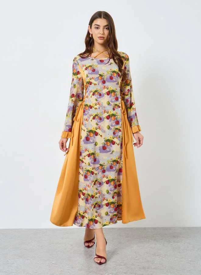 تايك تو فستان طويل بطبعة زهور وياقة مربوطة وكشكش