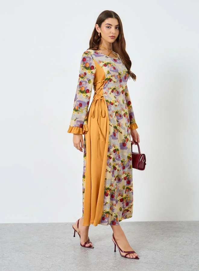 تايك تو فستان طويل بطبعة زهور وياقة مربوطة وكشكش