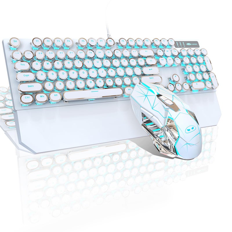 MageGee Typewriter Mechanical Gaming Keyboard and Mouse Combo, Retro Punk Round Keycaps RGB Rainbow Backlit Wired Keyboard for Game and Office, for Windows Laptop PC, Red Switches(White) - Image 1
