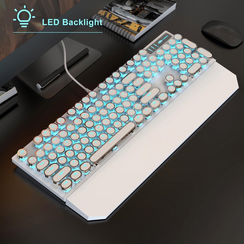 MageGee Typewriter Mechanical Gaming Keyboard and Mouse Combo, Retro Punk Round Keycaps RGB Rainbow Backlit Wired Keyboard for Game and Office, for Windows Laptop PC, Red Switches(White) - Image 2