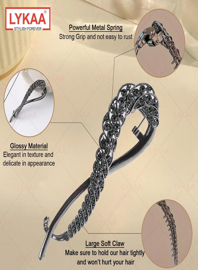 LYKAA Banana Clips for Hair Metal Rhinestone French Barrette Hair Clips | Korean Stylish Hair Accessories for Women & Girls | Bun Maker Hair Clip | Multicolor Rhinestone Design – 1Pc,Black - Image 3