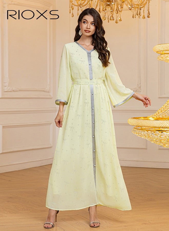 RIOXS Muslim Abaya Dress for Women, Stylish Printed Dress Simple Maxi Dress, Ladies Saudi Arabia Muslim Robe, Chiffon Diamond Ironing Pleated Long Dress, Arab Formal Dresses, Elegant Evening Dress, Lady's Dress for Parties Festival and Special Occasions, Yellow Flowy Dresses  - Image 1