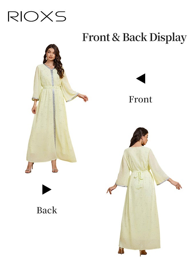 RIOXS Muslim Abaya Dress for Women, Stylish Printed Dress Simple Maxi Dress, Ladies Saudi Arabia Muslim Robe, Chiffon Diamond Ironing Pleated Long Dress, Arab Formal Dresses, Elegant Evening Dress, Lady's Dress for Parties Festival and Special Occasions, Yellow Flowy Dresses  - Image 2