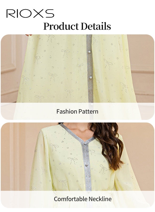 RIOXS Muslim Abaya Dress for Women, Stylish Printed Dress Simple Maxi Dress, Ladies Saudi Arabia Muslim Robe, Chiffon Diamond Ironing Pleated Long Dress, Arab Formal Dresses, Elegant Evening Dress, Lady's Dress for Parties Festival and Special Occasions, Yellow Flowy Dresses  - Image 4