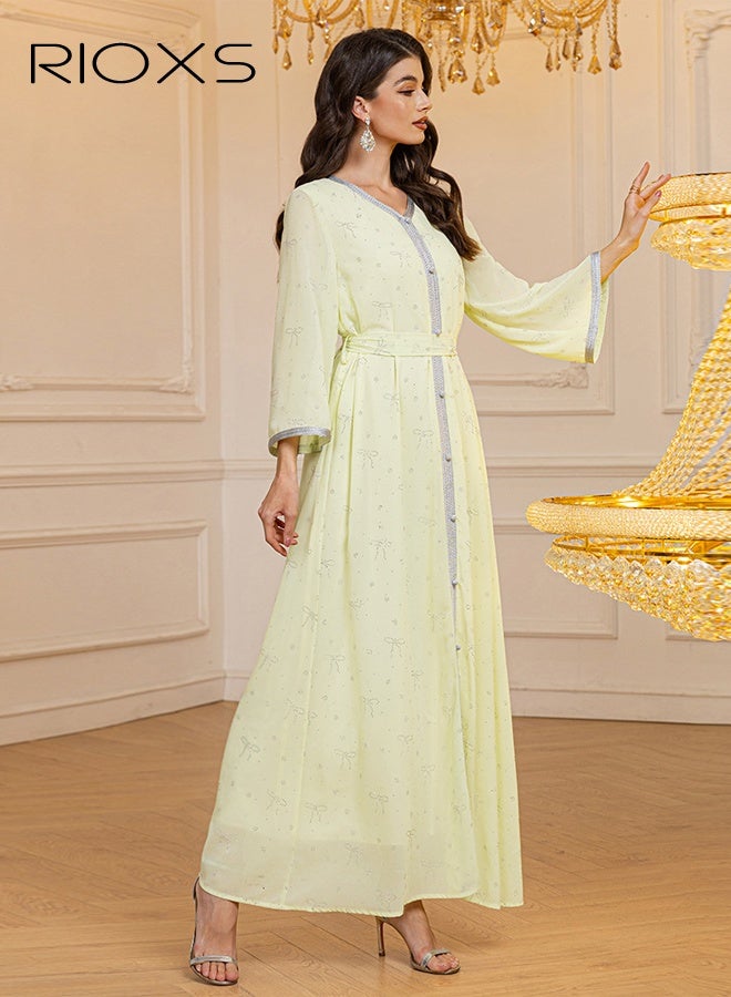 RIOXS Muslim Abaya Dress for Women, Stylish Printed Dress Simple Maxi Dress, Ladies Saudi Arabia Muslim Robe, Chiffon Diamond Ironing Pleated Long Dress, Arab Formal Dresses, Elegant Evening Dress, Lady's Dress for Parties Festival and Special Occasions, Yellow Flowy Dresses  - Image 3