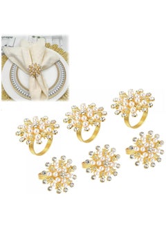 KASTWAVE Golden Napkin Rings 6Pcs Flower Pearl Rhinestone Napkin Ring Holder for Wedding Party Home Kitchen Dining Table Linen Accessories Hotel Pearl Napkin Ring Diamond Napkin Buckle Metal Napkin Ring  - Image 1