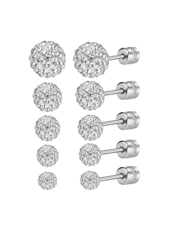 AILife 5 Pairs Stud Earrings for Women Disco Ball Crystal Earrings Set Hypoallergenic Sparkly Cubic Zirconia Silver Ball Earring Studs - 5 Sizes, Stainless Steel, Cubic Zirconia - Image 1