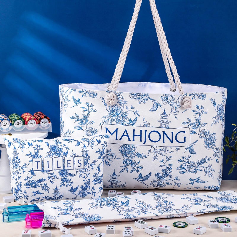 Sunnymove Empty Mahjong Bags Set for Tiles and Racks 24x13 Inch American Mahjong Carrying Bag Tote Tiles Bag Drawstring Protective Sleeve for Rack Pusher Party Travel, Case Only(Classic Chinoiserie) - Image 4