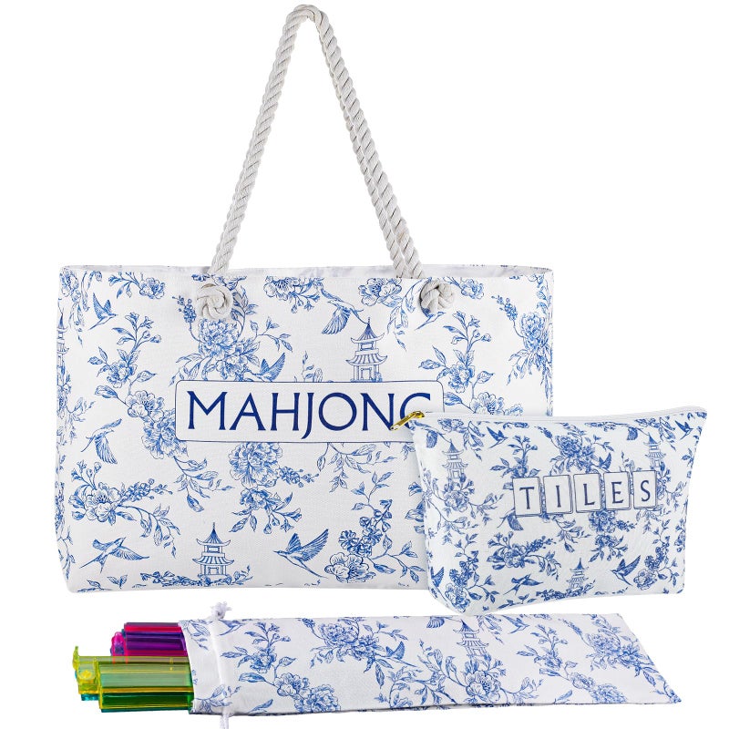 Sunnymove Empty Mahjong Bags Set for Tiles and Racks 24x13 Inch American Mahjong Carrying Bag Tote Tiles Bag Drawstring Protective Sleeve for Rack Pusher Party Travel, Case Only(Classic Chinoiserie) - Image 1