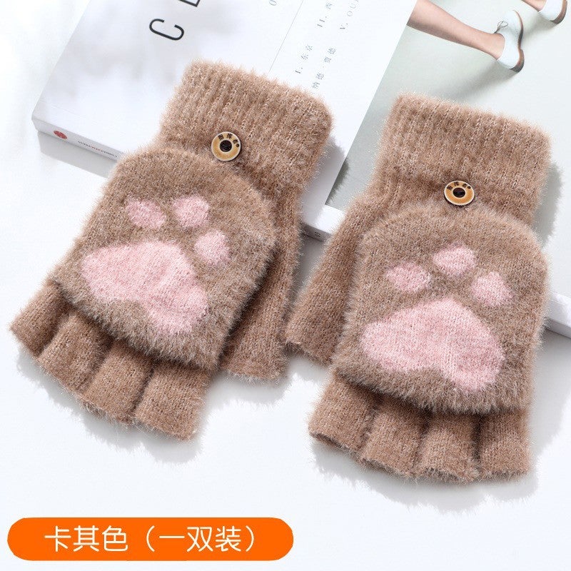 Cats Claw Gloves Womens Winter Warm fleece-lined Thickened Student Trendy Writing Cycling Cute Knitted Half Finger Flip Cover Gloves Cat claw khaki
