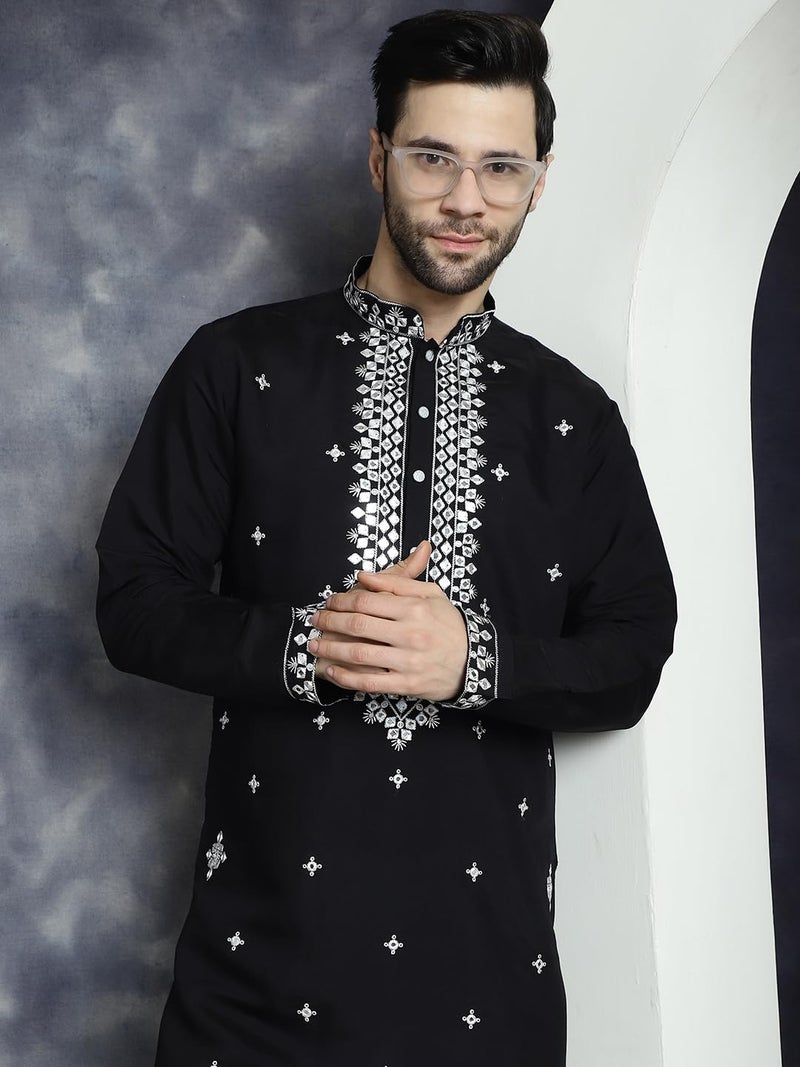 Jompers Men's Black Embroidered Kurtas (Black, XL) - Image 5