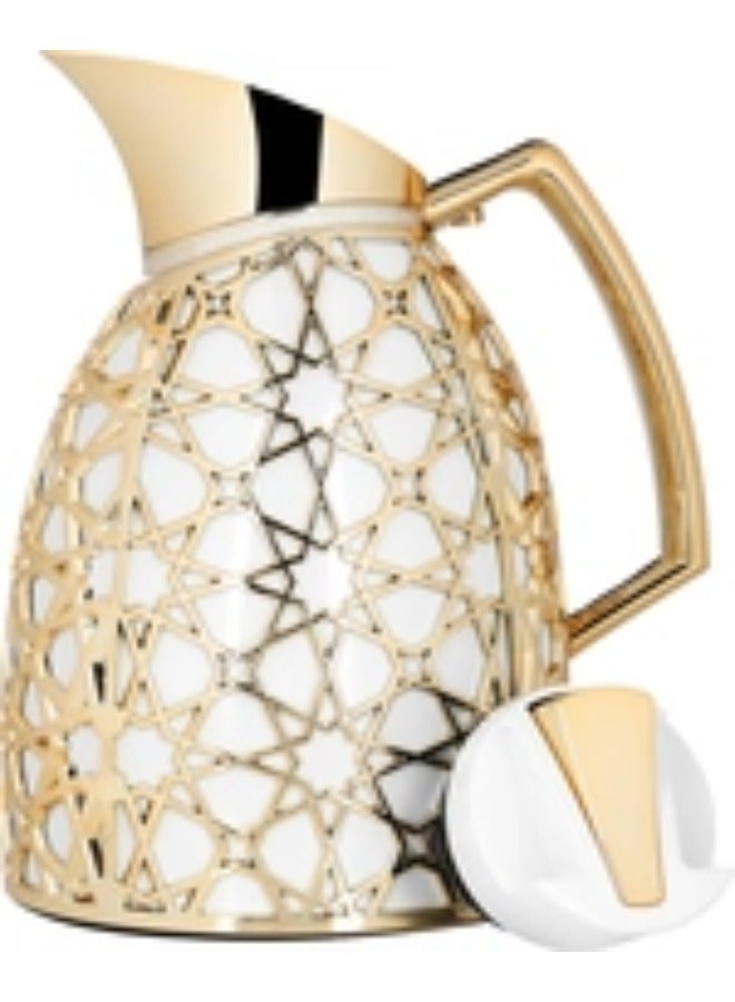 Alsaif Gallery Al Saif Gallery Andalusia thermos set, 0.75/1 liter, Islamic pattern, glass inner case, plastic outer case - white and gold - Image 2
