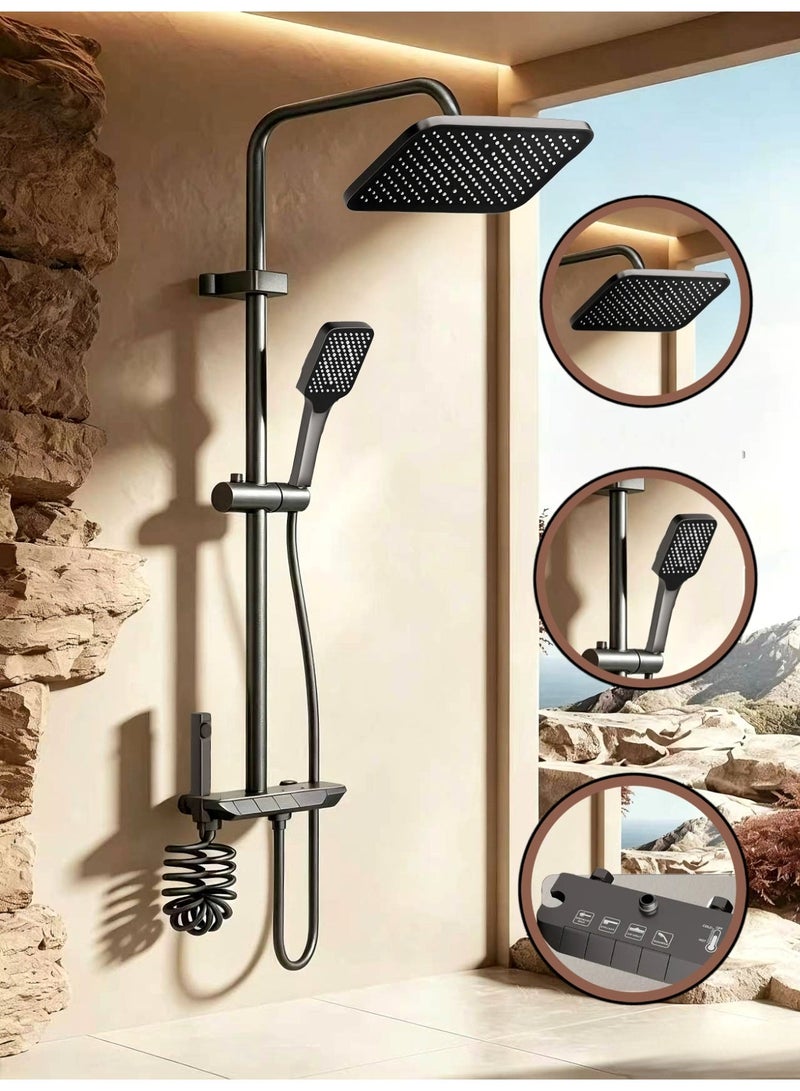 Thermostatic shower system, 4-function piano-key wall-mounted shower set, featuring a 10-inch shower head, pressure-boosting hand shower, bath tap and bidet spray, with an alloy body (grey) - Image 1