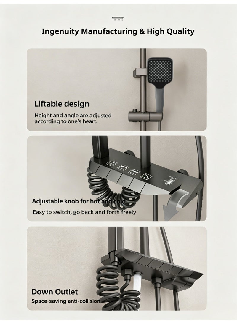 Thermostatic shower system, 4-function piano-key wall-mounted shower set, featuring a 10-inch shower head, pressure-boosting hand shower, bath tap and bidet spray, with an alloy body (grey) - Image 5