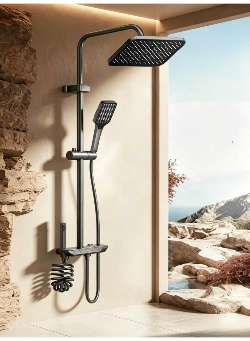 Thermostatic shower system, 4-function piano-key wall-mounted shower set, featuring a 10-inch shower head, pressure-boosting hand shower, bath tap and bidet spray, with an alloy body (grey) - Image 2