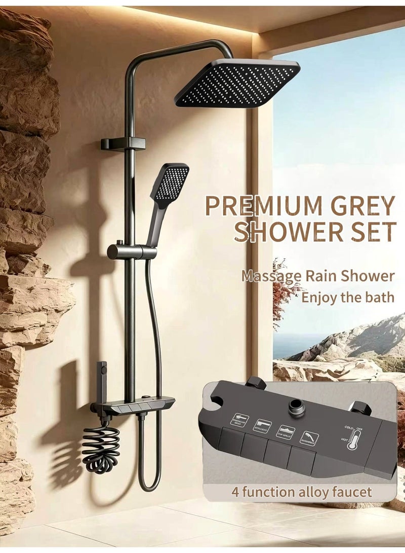 Thermostatic shower system, 4-function piano-key wall-mounted shower set, featuring a 10-inch shower head, pressure-boosting hand shower, bath tap and bidet spray, with an alloy body (grey) - Image 3