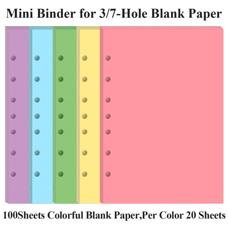 Yaridar Mini Binder 5 Colorful Blank Paper for 3 or 7 Ring Binders - 100 Sheets/200 Pages Loose Leaf Paper Line Refills, Per Color 20 Sheets, Desk Size 4, 5.8" x 8.5" - Image 2