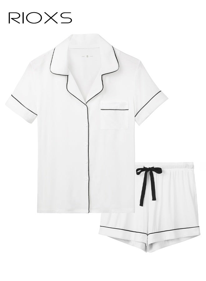RIOXS Women’s Summer Pajama Set, Breathable Short Sleeve Loungewear with Collar, White 2-Piece Sleepwear Set with Black Trim and Drawstring, Button-Down Comfort Pajamas for Women, Cool Home Outfit for Hot Weather - Image 4