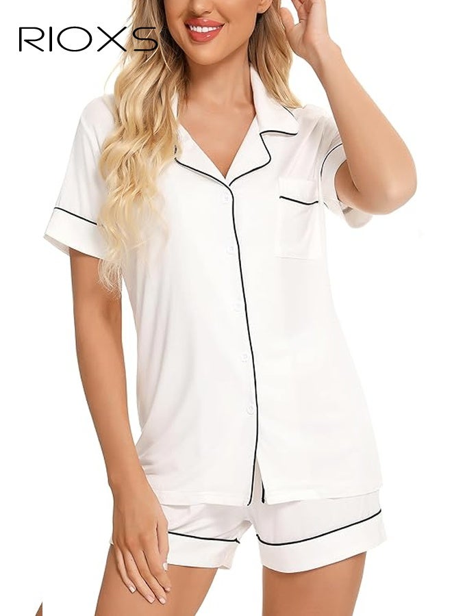 RIOXS Women’s Summer Pajama Set, Breathable Short Sleeve Loungewear with Collar, White 2-Piece Sleepwear Set with Black Trim and Drawstring, Button-Down Comfort Pajamas for Women, Cool Home Outfit for Hot Weather - Image 3