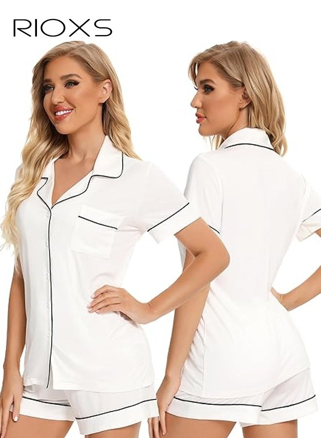 RIOXS Women’s Summer Pajama Set, Breathable Short Sleeve Loungewear with Collar, White 2-Piece Sleepwear Set with Black Trim and Drawstring, Button-Down Comfort Pajamas for Women, Cool Home Outfit for Hot Weather - Image 2