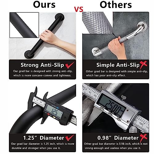 Rackickyer Shower Grab Bar, 2 Pack 16 Inch Black Bathroom Grab Bar, 1.25" Diameter 304 Stainless Steel Anti-Slip Grab Bars for Bathtubs and Showers, Handicap Shower Grab Bar for Seniors Elderly - Image 4